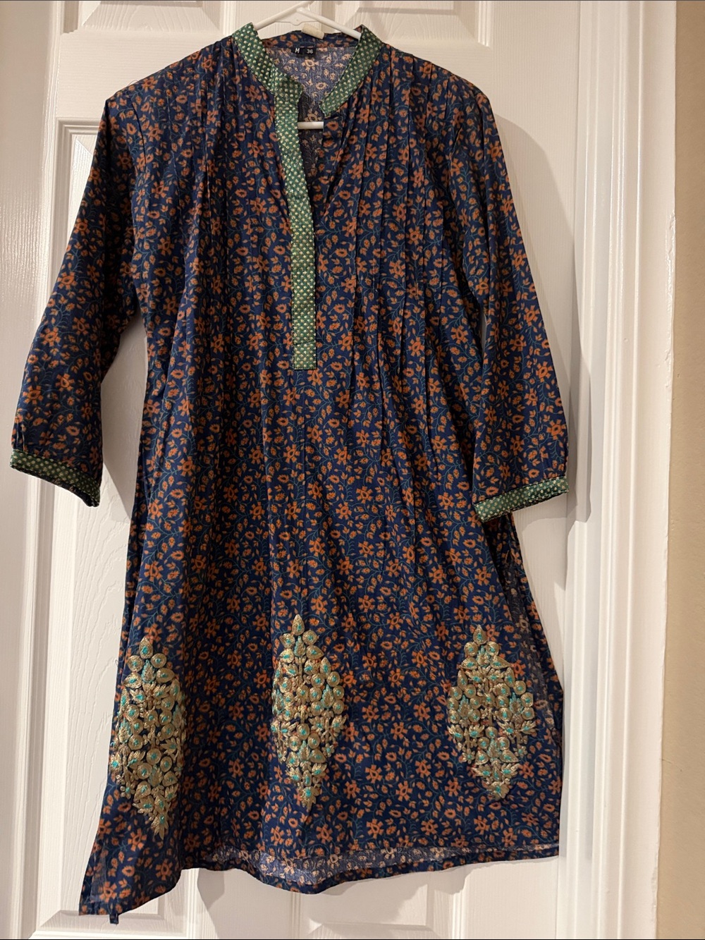 Navy Blue Floral Tunic with Green Accents